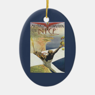 Vintage reseplakat, flygplan över Nice Frankrike Julgransprydnad Keramik