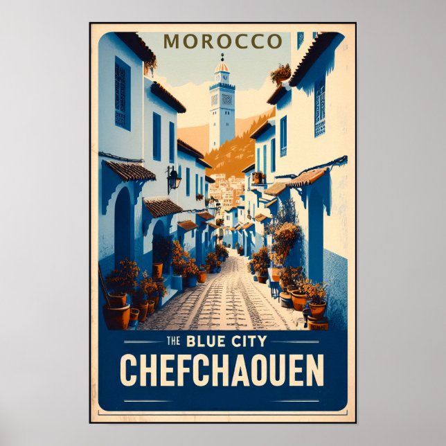 Vintage reseplakat för Chefchaouen, Marocko Poster (Framsidan)