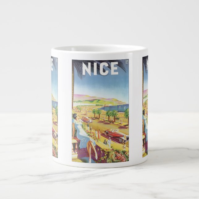 Vintage reseplakat, Nice, Frankrike Franska Rivier Jumbo Mugg (Framsidan)