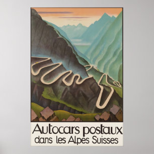 Vintage reseplakat Schweiziska Alperna Postbilar P Poster