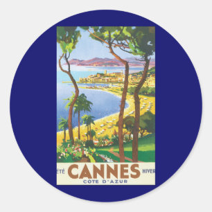 Vintage reseplakat, strand i Cannes, Frankrike Runt Klistermärke