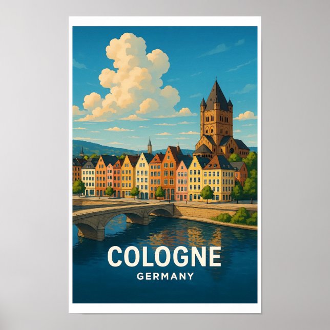 Vintage-resor affisch Köln Tyskland - Färgrik (Framsidan)