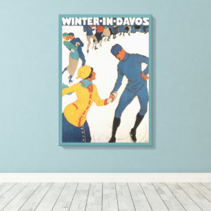 Vintage resor, Art Deco, Vinter Davos Schweiz Canvastryck