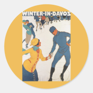 Vintage resor, Art Deco, Vinter Davos Schweiz Runt Klistermärke