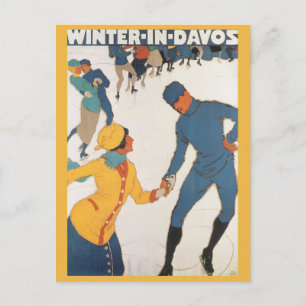 vintage resor, Art Deco, Winter Davos Schweiz Vykort