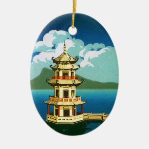 Vintage resor Asien, Taiwan Pagoda Tiered Torn Julgransprydnad Keramik