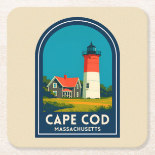 Vintage Resor Cape Cod Nauset Fyrtorn Retro Underlägg Papper Kvadrat