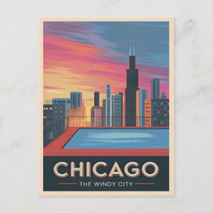 Vintage resor Chicago Sunset Skyline Cityscape Vykort