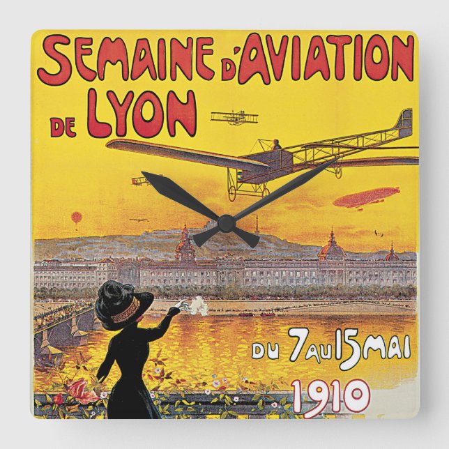 Vintage Resor, Flygplan, Lyon, Frankrike Fyrkantig Klocka (Framsida)