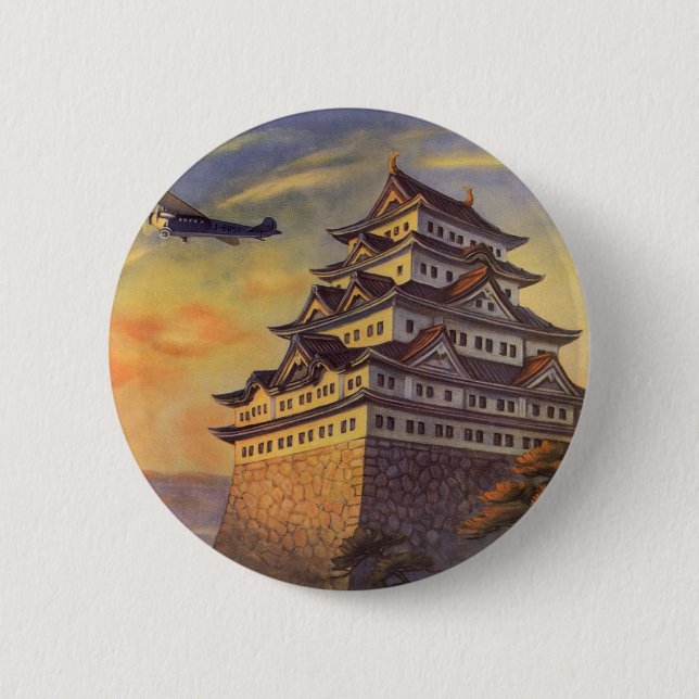 Vintage resor Japan, japanskt Pagoda-flygplan Knapp (Framsida)