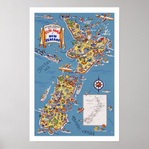 Vintage resor Karta Nya Zeeland Poster