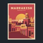 Vintage resor Marrakesh Marocko Retro Scenia Vykort<br><div class="desc">Gå in i Marrakechavets pulserande tapeter med den här inkapslade färdriktningen. Infekt med nostalgi och charm vintage fångar denna design den tidlösa allure och exotiska skönhet som ett av Marockos mest ikoniska destinationer har i en retro-estetisk påminnelse om klassisk resor affischer från i går.</div>