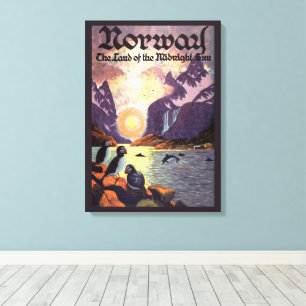 Vintage resor, Norge Fjord Land av Midnattssol Canvastryck