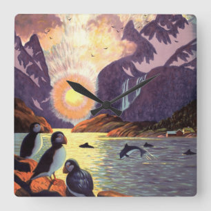 Vintage resor, Norge Fjord Land Midnight Sol Fyrkantig Klocka