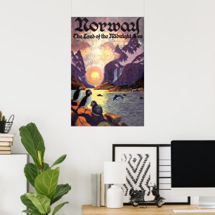 Vintage resor, Norge Fjord Land Midnight Sol Poster