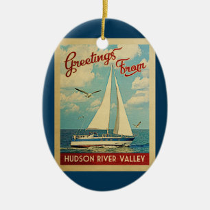 Vintage resor NY för Hudson River dalsegelbåt Julgransprydnad Keramik