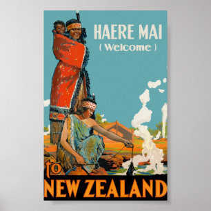 Vintage resor Nya Zeeland Haere Mai Välkommen Maor Poster