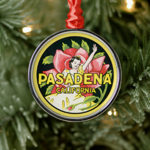 Vintage Resor, Pasadena Kalifornien, Dam och Ros Julgransprydnad Metall