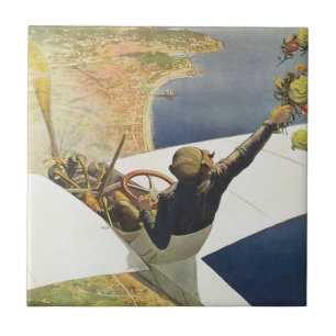 Vintage resor Poster, flygplan över Nice Frankrike Kakelplatta