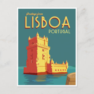 vintage resor retro water color Lissabon Portugal Vykort