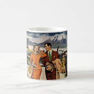 Vintage resor, turister vid Panagras flygplats Tar Kaffemugg