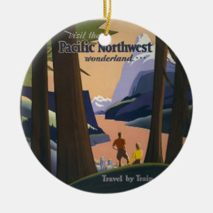 Vintage-resorposter för Pacific Northwest 1925 Tåg Julgransprydnad Keramik