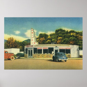 Vintage restaurang, 50-tals Drive In-diner och bil Poster