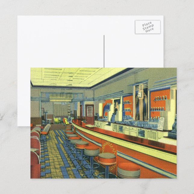 Vintage restaurang, retro vägrestaurang inredning vykort (Fram/baksida)