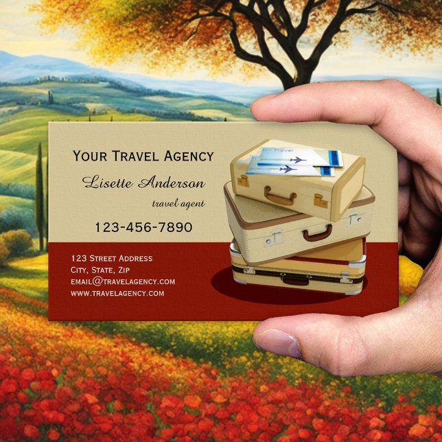 Vintage resväskor resebyrå visitkort (Retro style business card featuring suitcases and air tickets. Great for a travel agent.)
