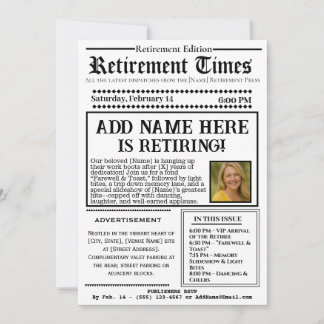 Vintage “Retirement Times” Newspaper Invitation Inbjudningar