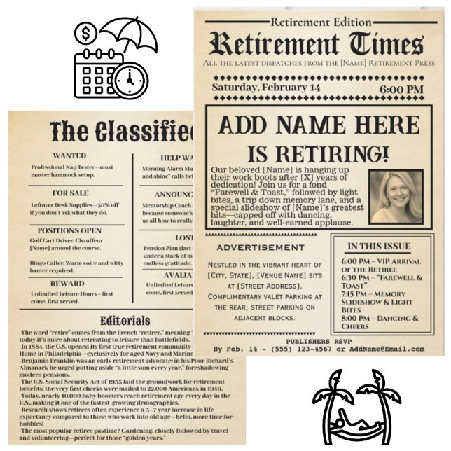 Vintage “Retirement Times” Newspaper Invitation  Inbjudningar (Skapare uppladdad)