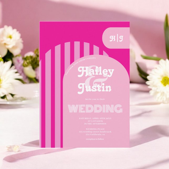 Vintage retro 70-tal rosa valv fotobryllop inbjudningar (Vintage retro 70s pink arch photo wedding invitation)