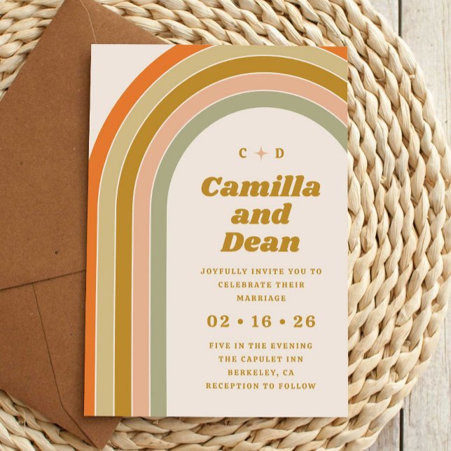 Vintage Retro 70s Arch Bröllop Inbjudningar (70s retro rainbow groovy wedding invitation template)
