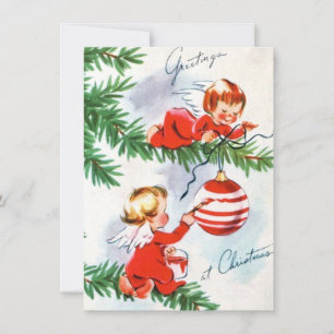 Vintage Retro Änglar i Julgran Julkort