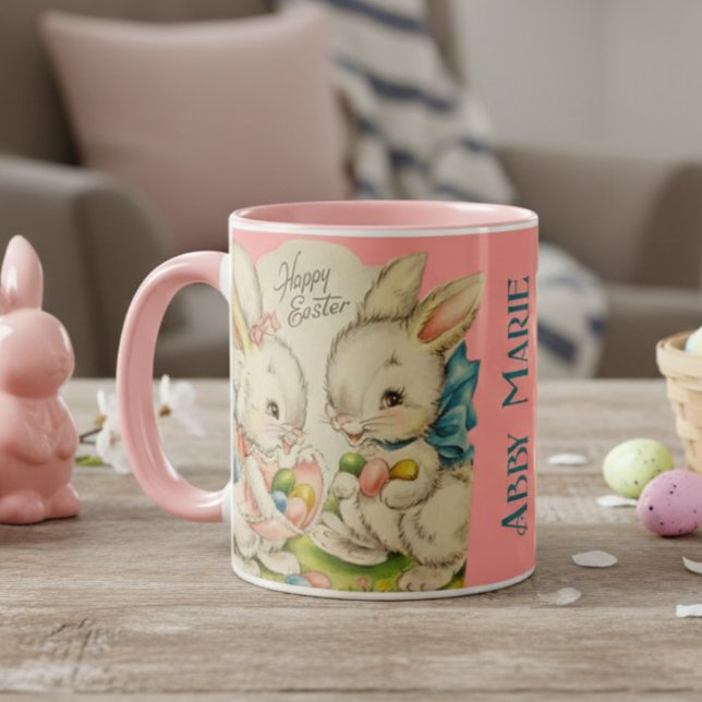 Vintage Retro Anpassningsbar Glad påsk Bunnies Mugg (Vintage Retro Custom Happy Easter Bunnies Mug)