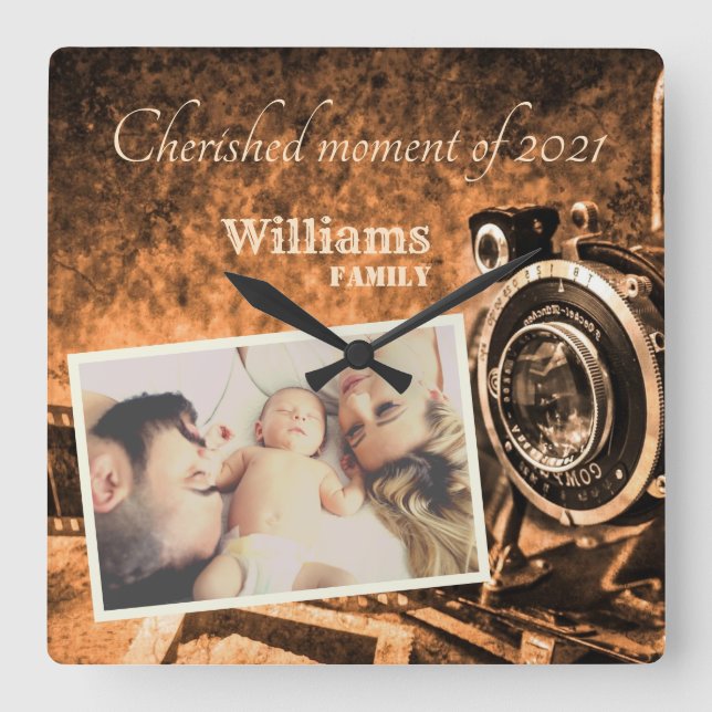 Vintage, retro-anpassningsbar, rustik  fyrkantig klocka (Framsida)