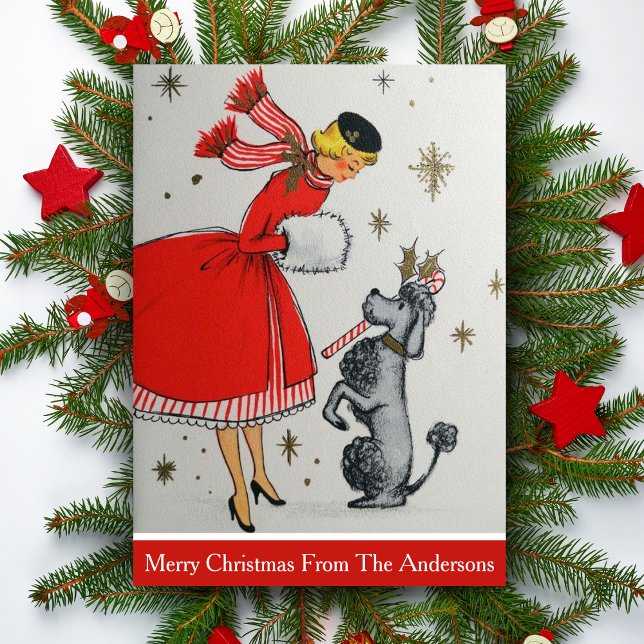 Vintage Retro-Anpassningsbarna Dam och Pudel Helgkort (Vintage Retro Christmas Lady And Poodle Custom Holiday Card. Add a special message and your name!)