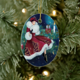 Vintage Retro Art Deco Kvinna Jul Julgransprydnad Keramik