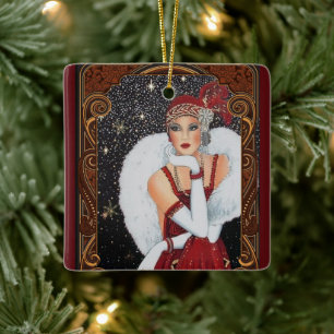Vintage Retro Art Deco Kvinna Jul Julgransprydnad Keramik