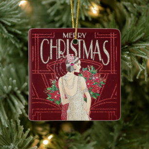 Vintage Retro Art Deco Kvinna Jul Julgransprydnad Keramik