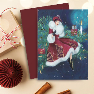 Vintage Retro Art Deco Kvinna Jul Julkort