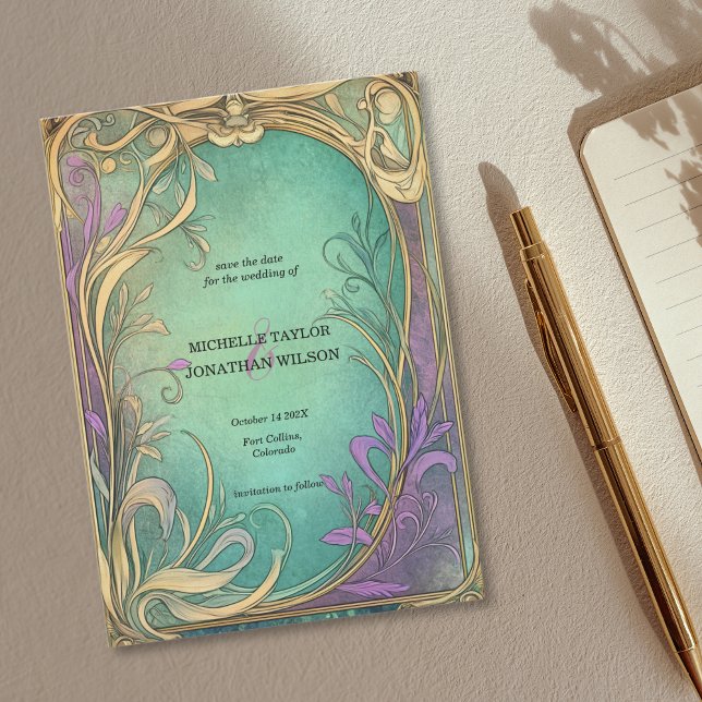 Vintage Retro Art nouveau botaniskt Spara datum Inbjudningar (art nouveau frame in gold and purple color)