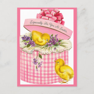 Vintage Retro Baby Chickar i Hat Box Påsk Helg Vykort