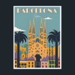vintage retro Barcelona Spain Travel Art Vykort<br><div class="desc">vintage,  retro,  resor,  modern,  vattenfärg,  klassisk,  Barcelona,  Spanien-vykort,  Barcelona-Spanien.</div>