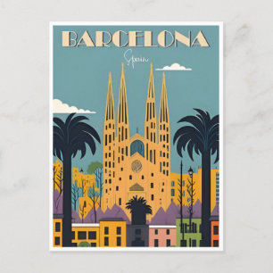 vintage retro Barcelona Spain Travel Art Vykort