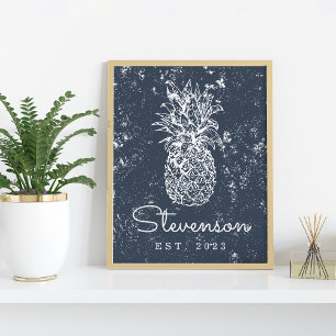 Vintage Retro Beach Pineapple Family Namn Poster