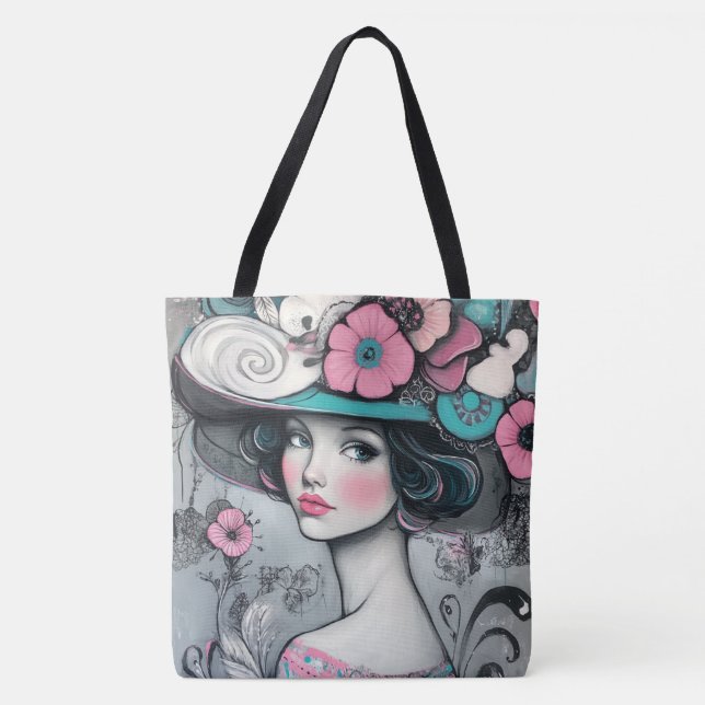 Vintage Retro Bevackert Woman Rosa och Teal Tygkasse (Framsida)