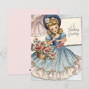 Vintage Retro Birthday Girl with Umbrella Julkort
