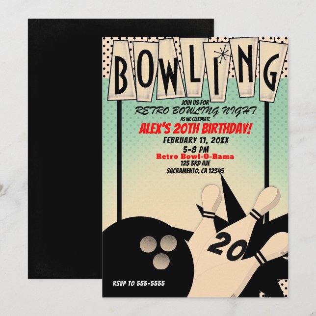 Vintage Retro Bowlingskväljs Födelsedagsfest Inbjudningar (Fram/baksida)
