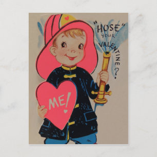 Vintage Retro Boy Fireman Valentine Card Helg Vykort